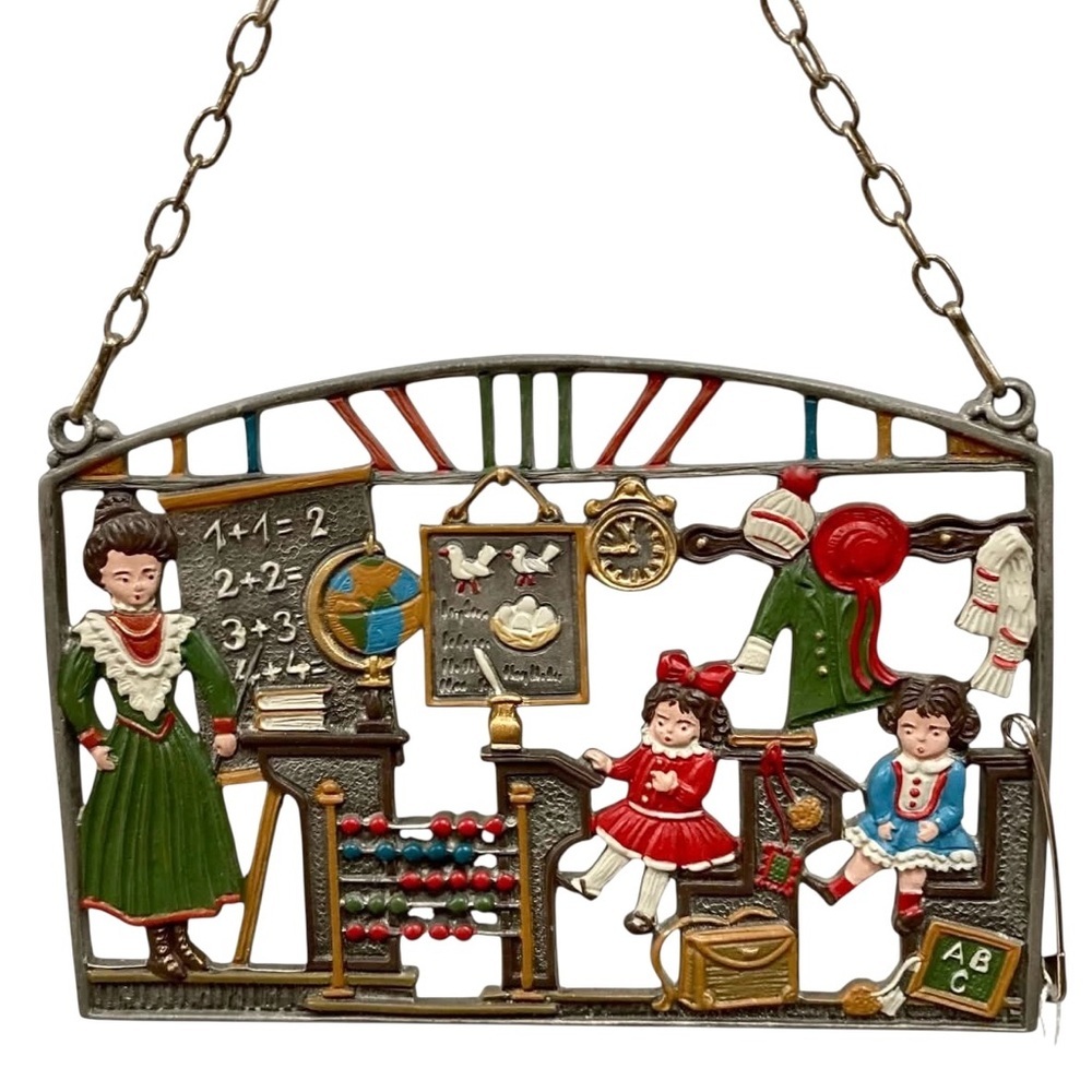 Pewter Vintage Schoolroom Decorative Hanging Hand Painted Rare Wall Hanging